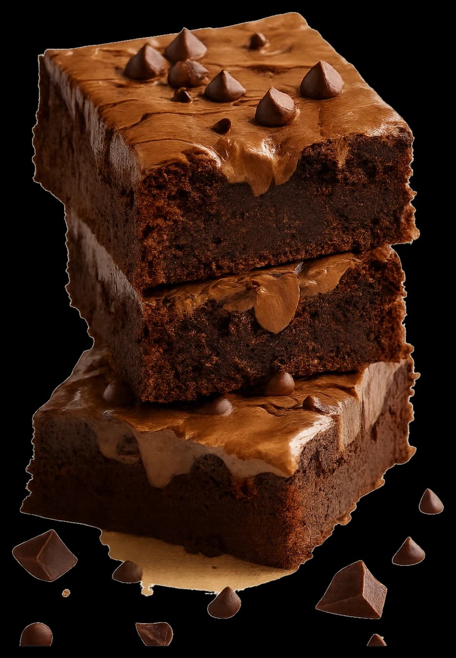 Trois carrés de brownie empilés, éclats de chocolat