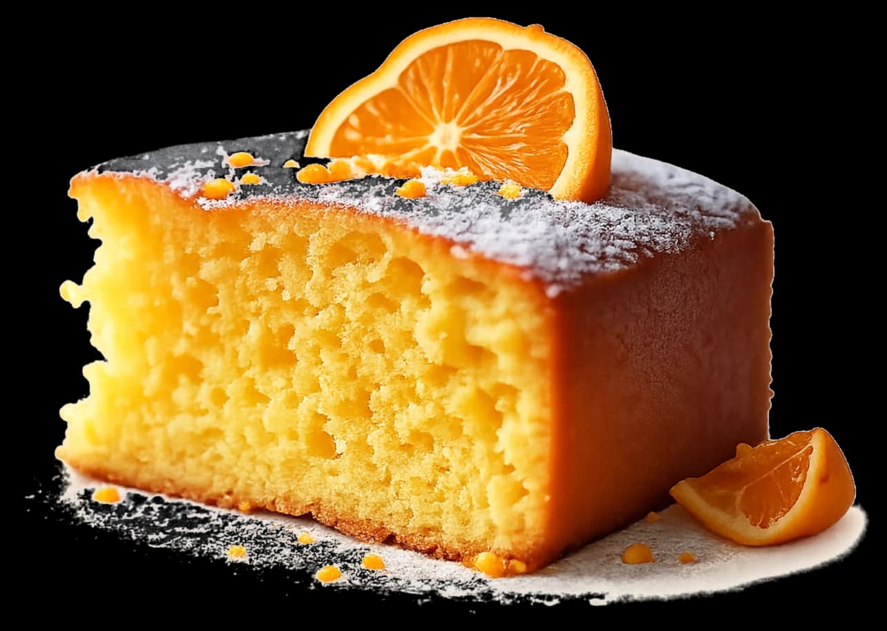Tranche de cake à l'orange saupoudrée de sucre, rondelle d'orange