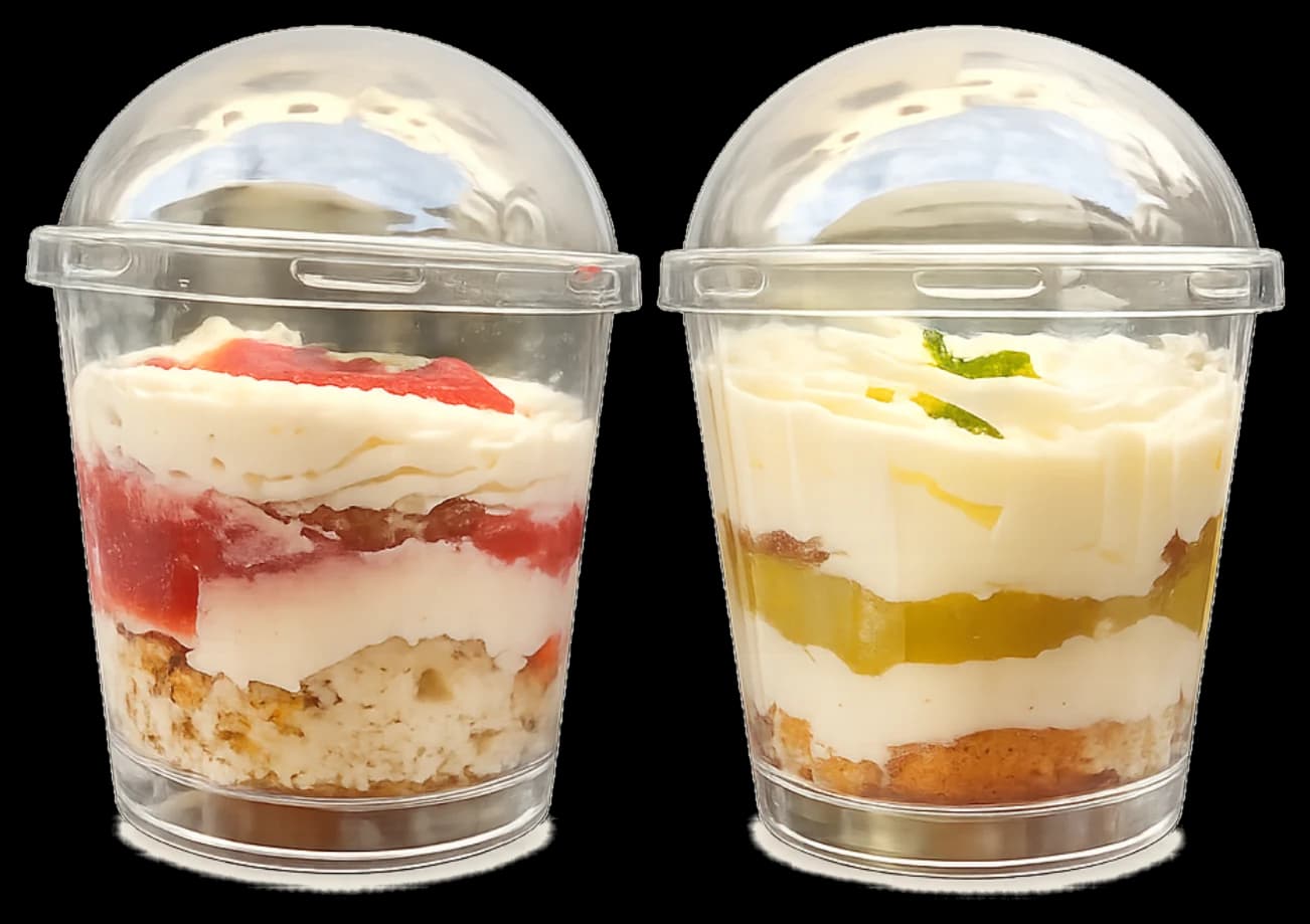 Deux verrines en couches : crème, génoise et coulis de fruits